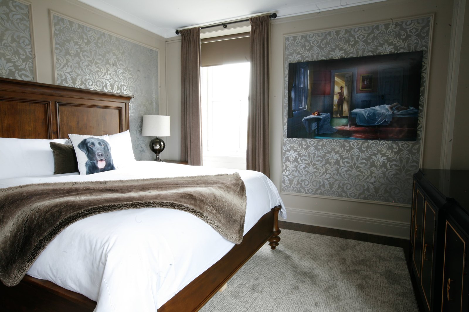 Fort Garry Hotel bedroom with damask wallpaper interior design