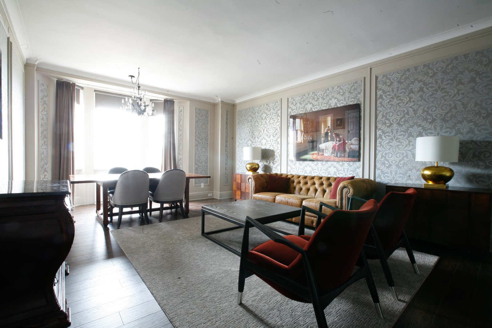 Fort Garry Hotel dining room interior design — chesterfield sofa living and dining