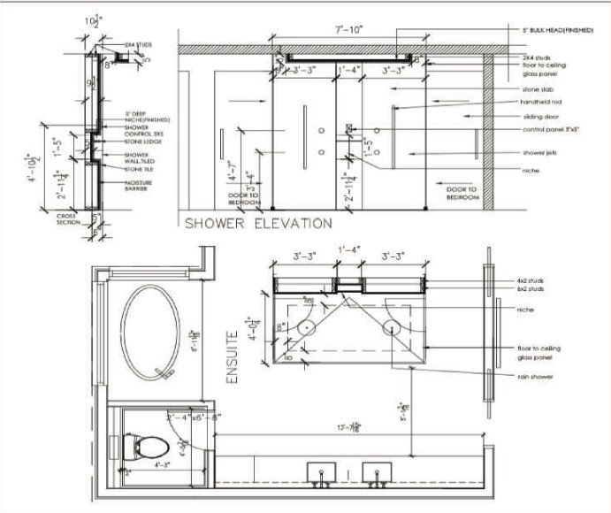 Shower elevation and ensuite plan with dimensions
