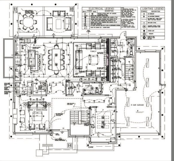 Main-floor plan showing furniture and lighting layout