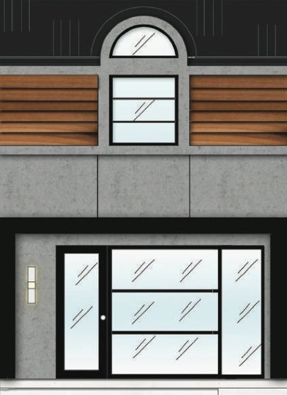 Concept illustration of the redesigned facade with timber-clad panels and a wide window